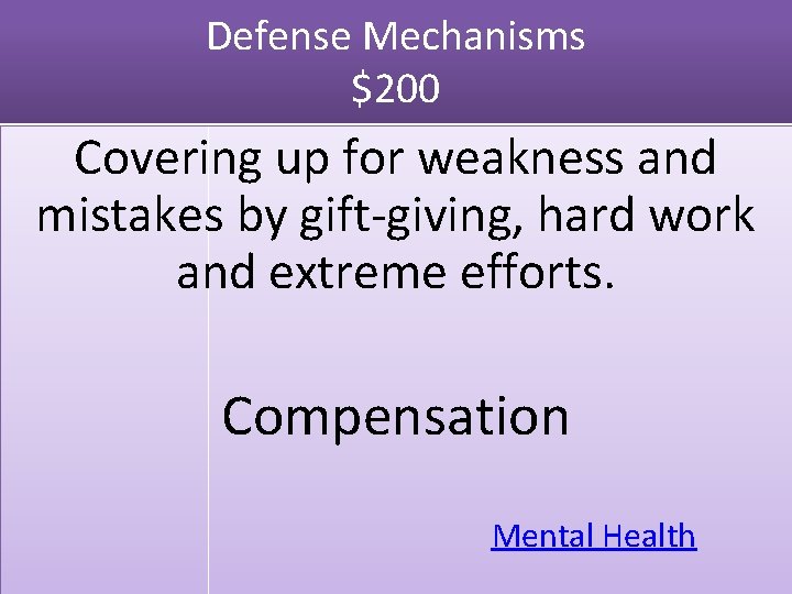 Defense Mechanisms $200 Covering up for weakness and mistakes by gift-giving, hard work and