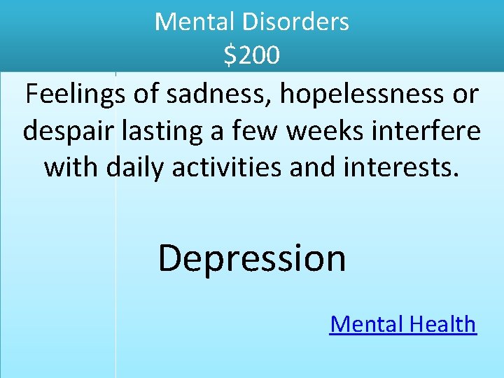Mental Disorders $200 Feelings of sadness, hopelessness or despair lasting a few weeks interfere