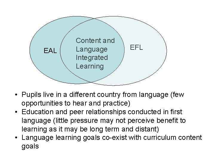 EAL Content and Language Integrated Learning EFL • Pupils live in a different country