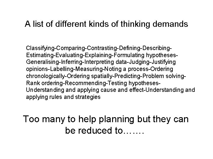 A list of different kinds of thinking demands Classifying-Comparing-Contrasting-Defining-Describing. Estimating-Evaluating-Explaining-Formulating hypotheses. Generalising-Inferring-Interpreting data-Judging-Justifying opinions-Labelling-Measuring-Noting