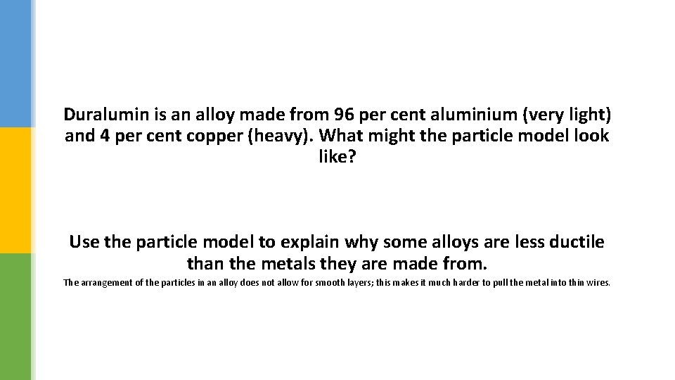 Duralumin is an alloy made from 96 per cent aluminium (very light) and 4