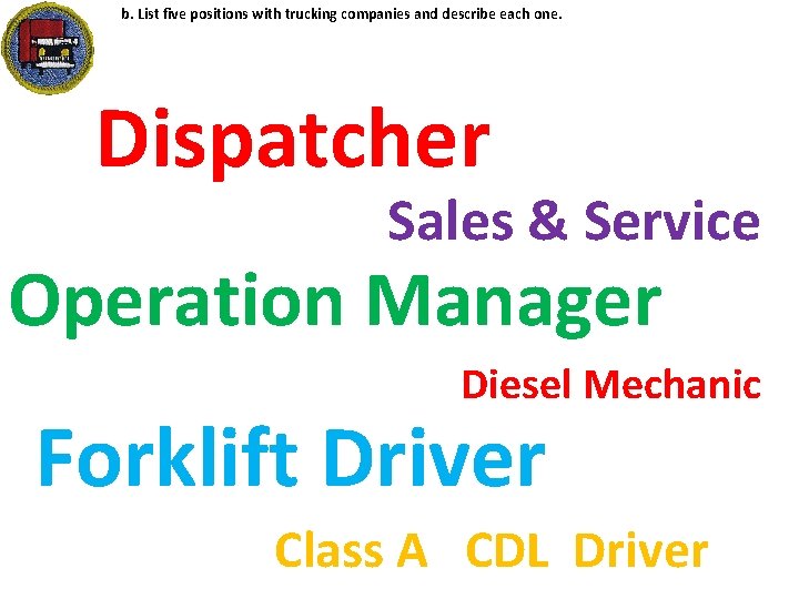 b. List five positions with trucking companies and describe each one. Dispatcher Sales &