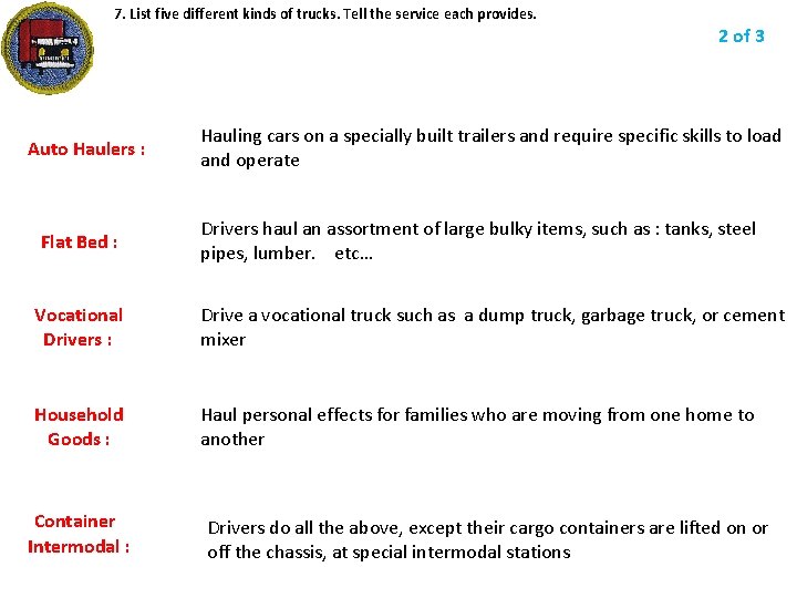 7. List five different kinds of trucks. Tell the service each provides. 2 of