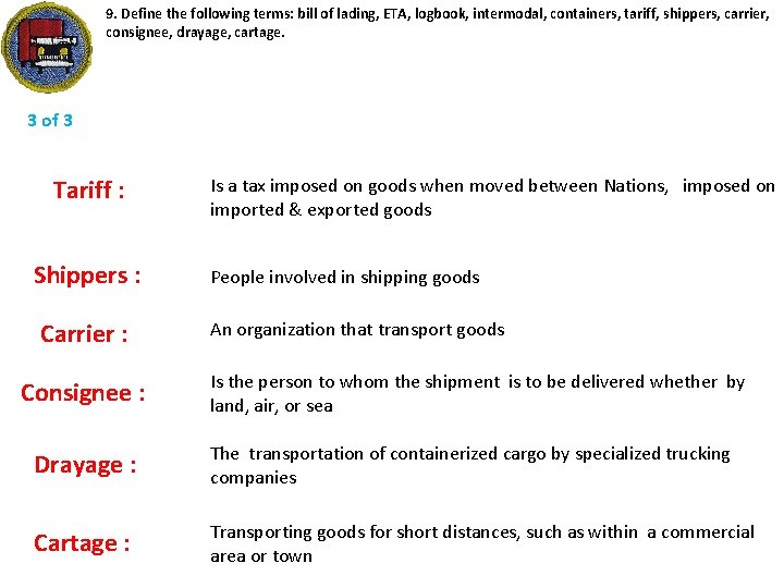 9. Define the following terms: bill of lading, ETA, logbook, intermodal, containers, tariff, shippers,