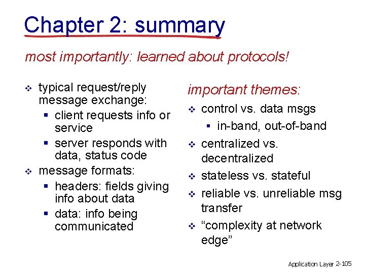 Chapter 2: summary most importantly: learned about protocols! v v typical request/reply message exchange: