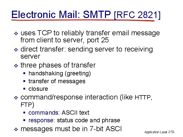 Electronic Mail: SMTP [RFC 2821] v v v uses TCP to reliably transfer email