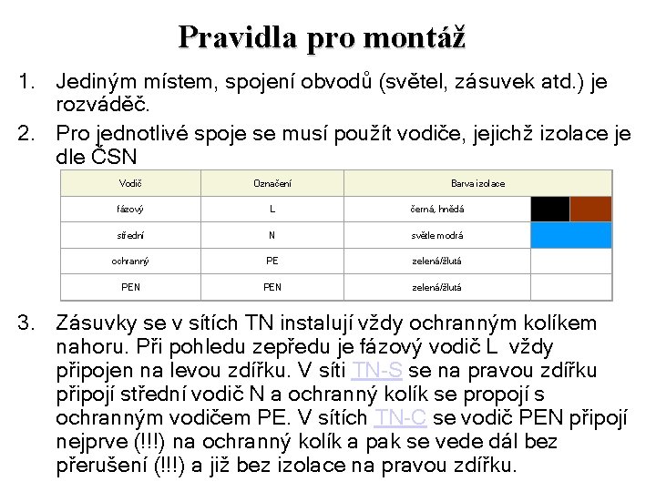 Pravidla pro montáž 1. Jediným místem, spojení obvodů (světel, zásuvek atd. ) je rozváděč.