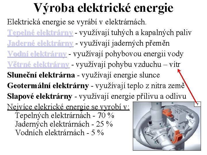 Výroba elektrické energie Elektrická energie se vyrábí v elektrárnách. Tepelné elektrárny - využívají tuhých