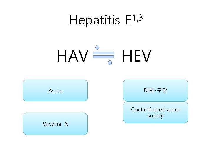 Hepatitis E 1, 3 HAV Acute HEV 대변-구강 Contaminated water supply Vaccine X 