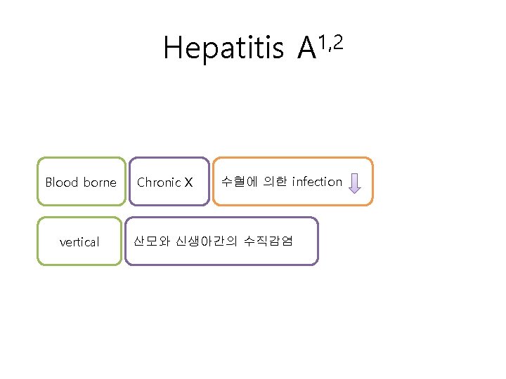 Hepatitis A 1, 2 Blood borne vertical Chronic X 수혈에 의한 infection 산모와 신생아간의