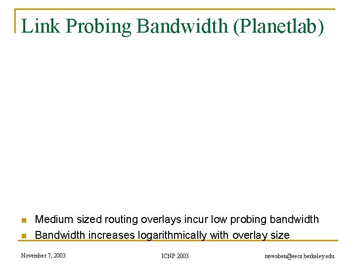 Link Probing Bandwidth (Planetlab) n n Medium sized routing overlays incur low probing bandwidth