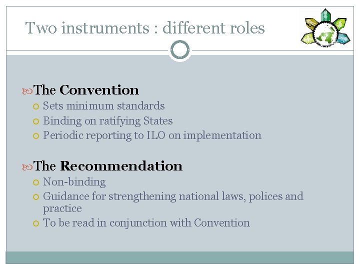 Two instruments : different roles The Convention Sets minimum standards Binding on ratifying States