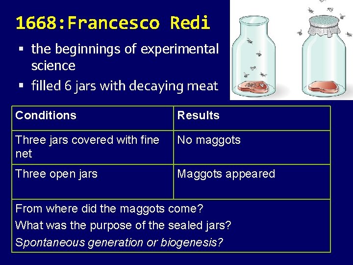 1668: Francesco Redi the beginnings of experimental science filled 6 jars with decaying meat