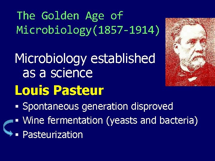 The Golden Age of Microbiology(1857 -1914) Microbiology established as a science Louis Pasteur Spontaneous