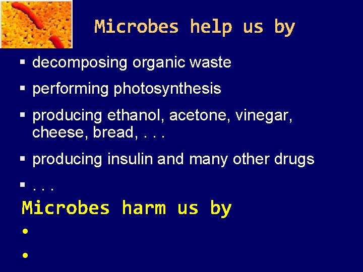 Microbes help us by decomposing organic waste performing photosynthesis producing ethanol, acetone, vinegar, cheese,