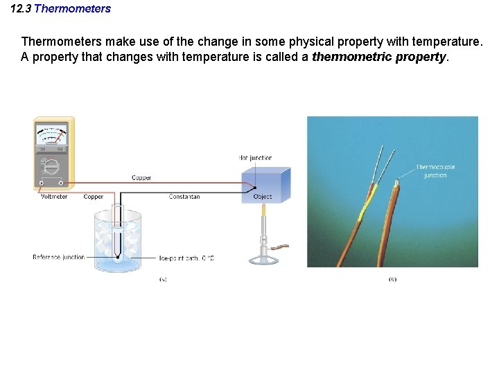 12. 3 Thermometers make use of the change in some physical property with temperature.