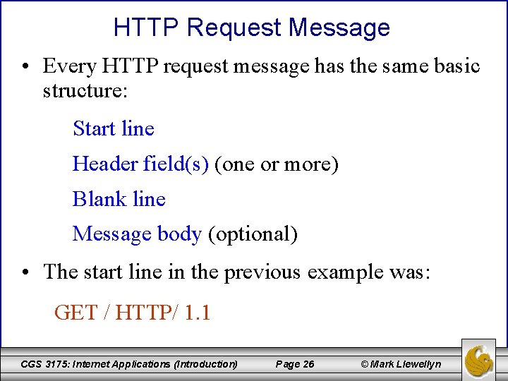 HTTP Request Message • Every HTTP request message has the same basic structure: Start