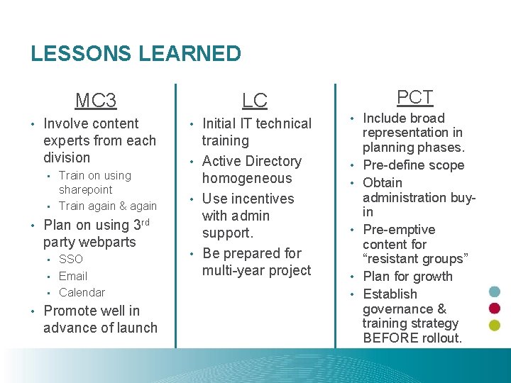 LESSONS LEARNED MC 3 • Involve content experts from each division Train on using