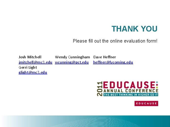 THANK YOU Please fill out the online evaluation form! Josh Mitchell Wendy Cunningham Dave