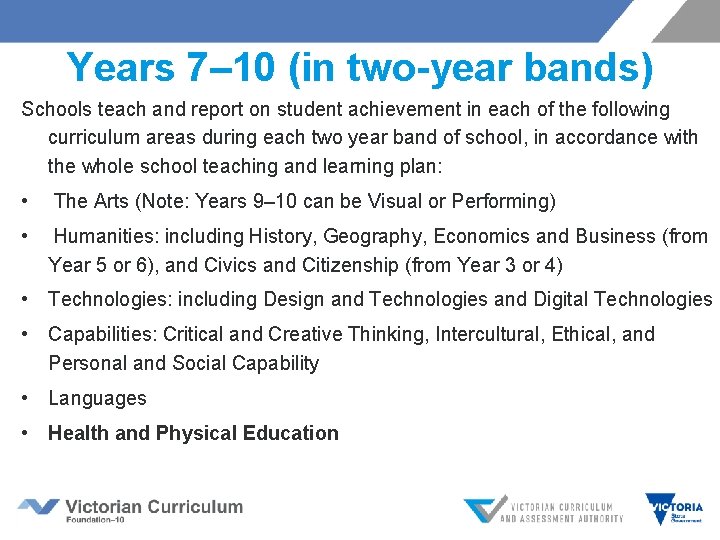 Years 7– 10 (in two-year bands) Schools teach and report on student achievement in