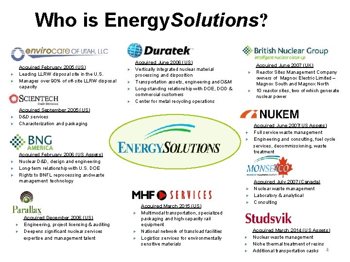 Who is Energy. Solutions? Acquired February 2005 (US) Leading LLRW disposal site in the