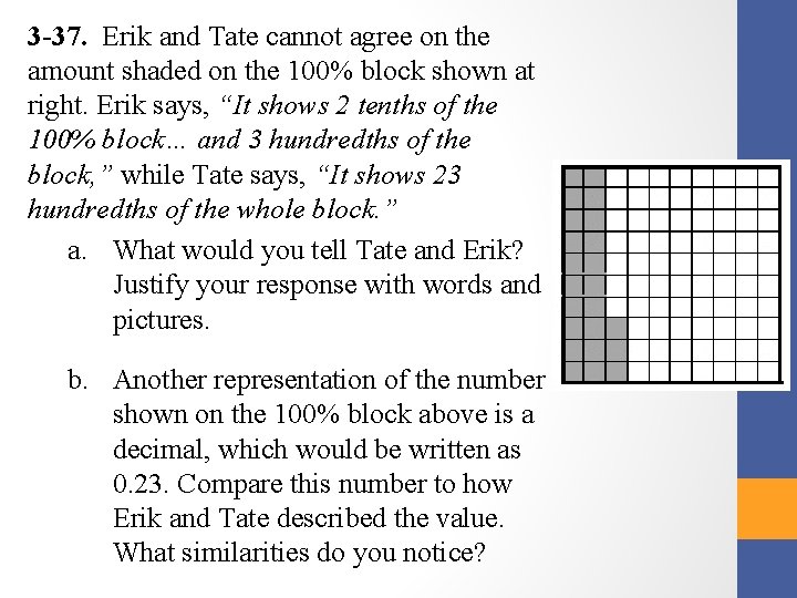 3 -37. Erik and Tate cannot agree on the amount shaded on the 100%