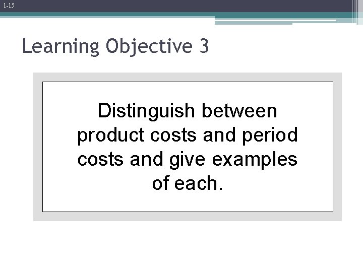 1 -15 Learning Objective 3 Distinguish between product costs and period costs and give
