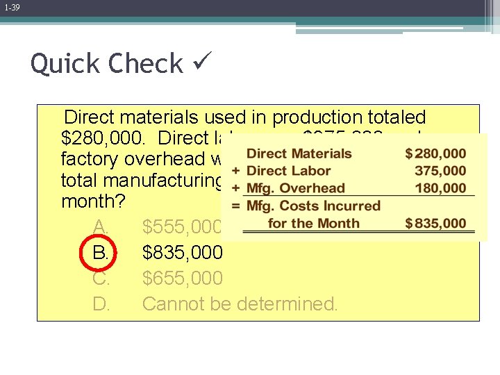 1 -39 Quick Check Direct materials used in production totaled $280, 000. Direct labor