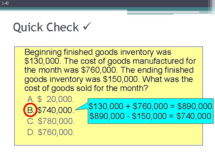 1 -43 Quick Check Beginning finished goods inventory was $130, 000. The cost of