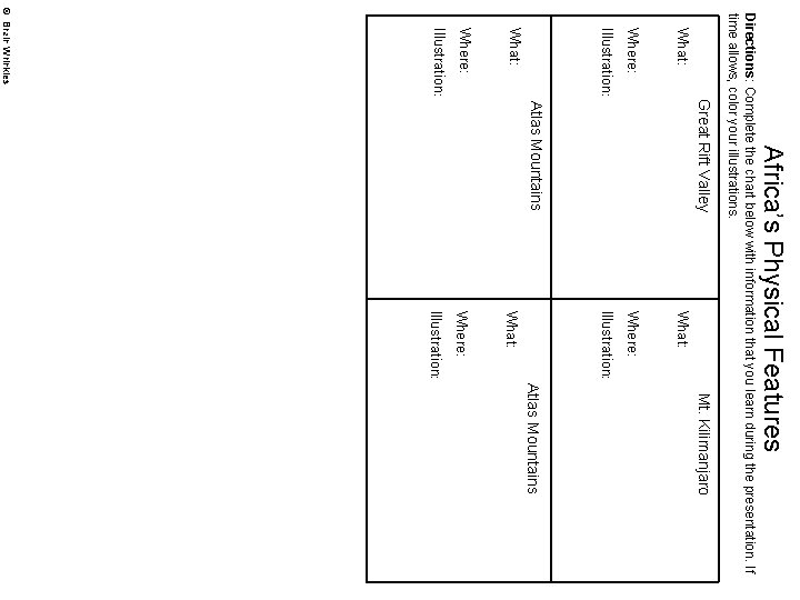 Africa’s Physical Features What: Atlas Mountains Mt. Kilimanjaro Directions: Complete the chart below with