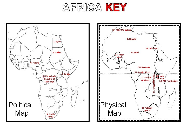 AFRICA KEY 19. Atlas Mountains 8. Sahara 2. Egypt 14. Nile River 6. Sudan