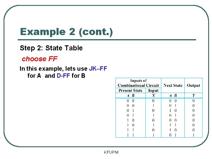 Example 2 (cont. ) Step 2: State Table choose FF In this example, lets