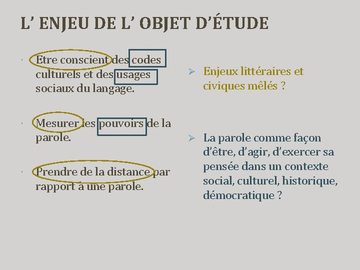 L’ ENJEU DE L’ OBJET D’ÉTUDE Etre conscient des codes culturels et des usages