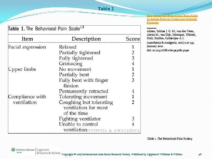 Table 1 The Use of the Behavioral Pain Scale to Assess Pain in Conscious