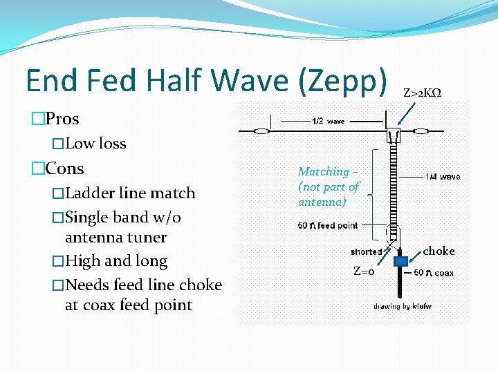 End Fed Half Wave (Zepp) �Pros �Low loss �Cons �Ladder line match �Single band