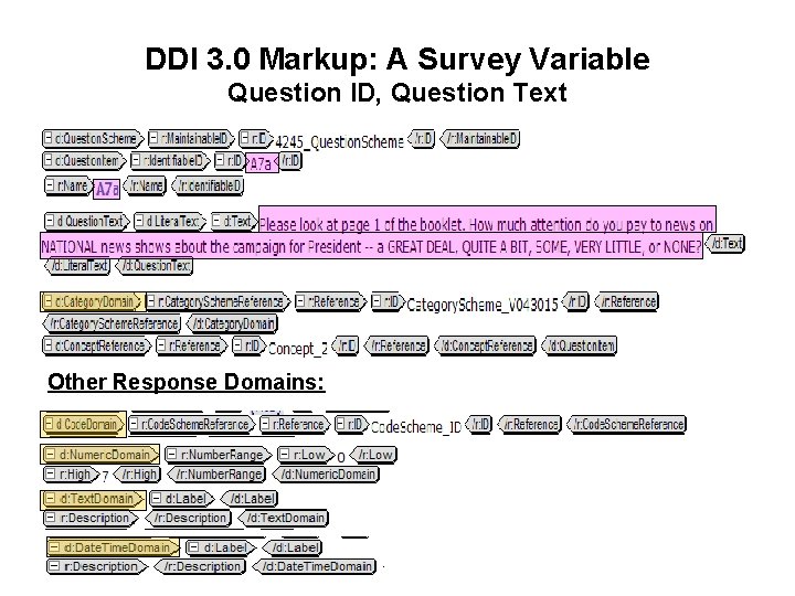 DDI 3. 0 Markup: A Survey Variable Question ID, Question Text Other Response Domains: