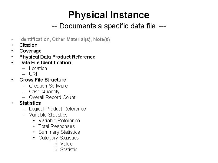 Physical Instance -- Documents a specific data file -- • • Identification, Other Material(s),