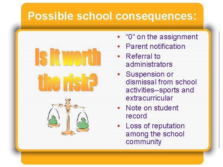 Possible school consequences: • “ 0” on the assignment • Parent notification • Referral