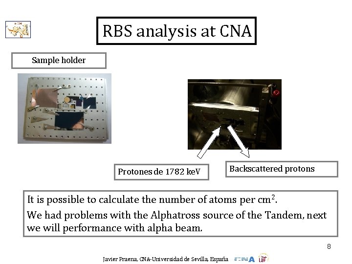 RBS analysis at CNA Sample holder Protones de 1782 ke. V Backscattered protons It