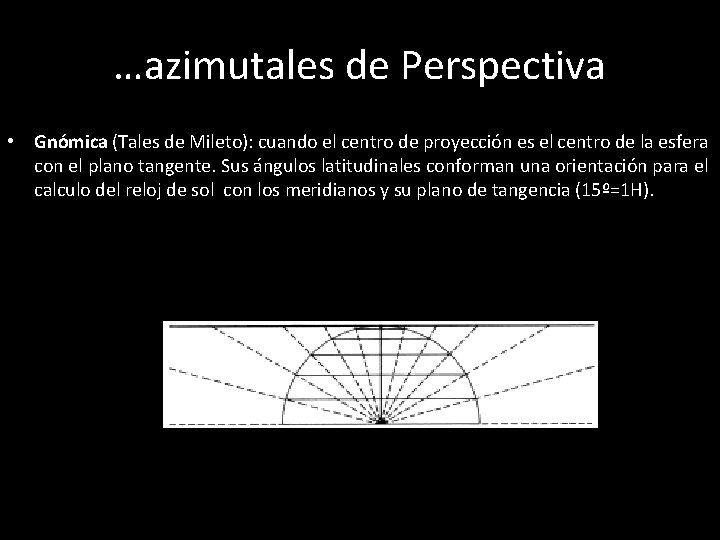 …azimutales de Perspectiva • Gnómica (Tales de Mileto): cuando el centro de proyección es