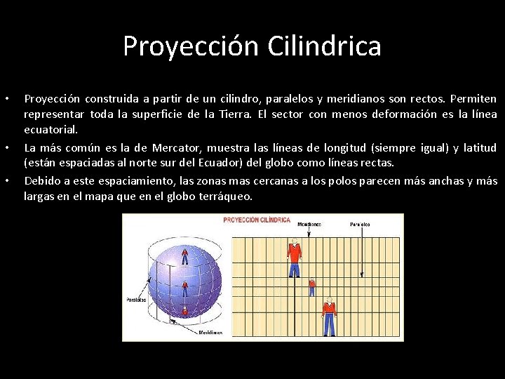 Proyección Cilindrica • • • Proyección construida a partir de un cilindro, paralelos y