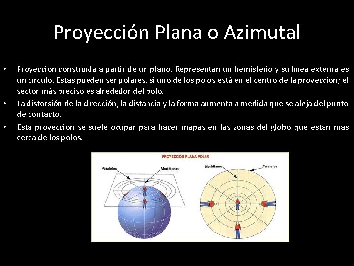 Proyección Plana o Azimutal • • • Proyección construída a partir de un plano.