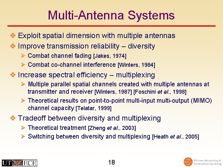 Multi-Antenna Systems v Exploit spatial dimension with multiple antennas v Improve transmission reliability –