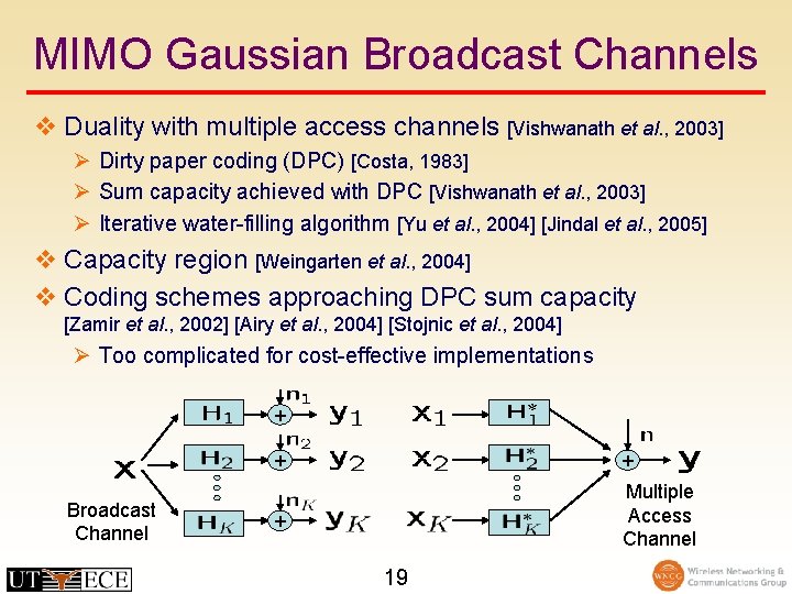 MIMO Gaussian Broadcast Channels v Duality with multiple access channels [Vishwanath et al. ,