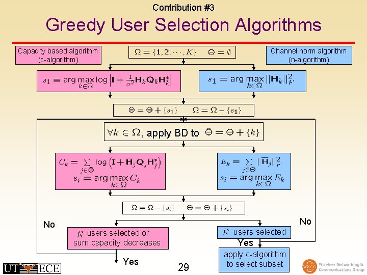 Contribution #3 Greedy User Selection Algorithms Capacity based algorithm (c-algorithm) Channel norm algorithm (n-algorithm)