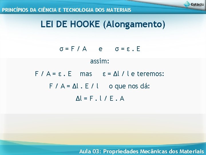 PRINCÍPIOS DA CIÊNCIA E TECNOLOGIA DOS MATERIAIS LEI DE HOOKE (Alongamento) σ=F/A e σ=ε.