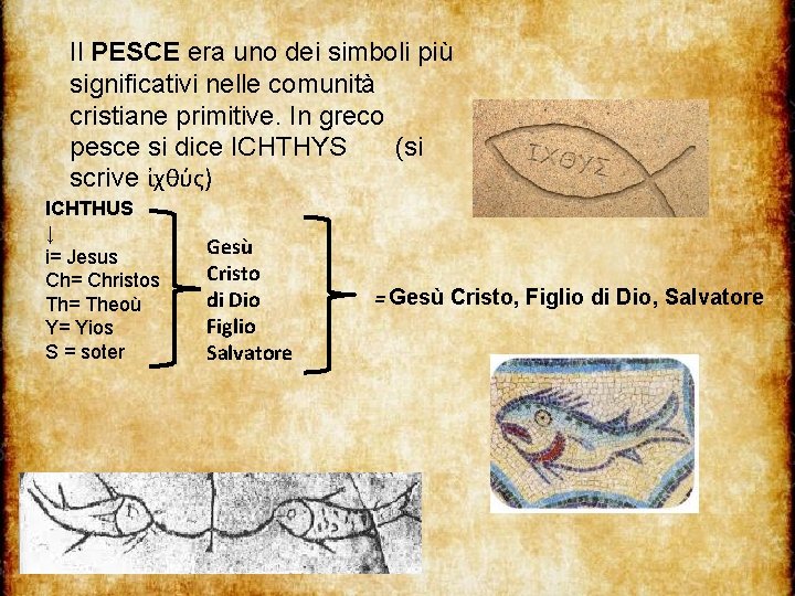Il PESCE era uno dei simboli più significativi nelle comunità cristiane primitive. In greco
