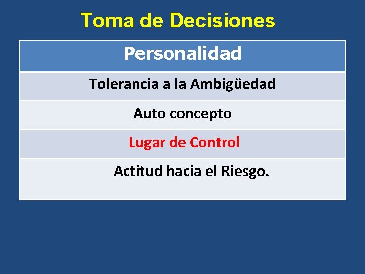 Toma de Decisiones Personalidad Tolerancia a la Ambigüedad Auto concepto Lugar de Control Actitud