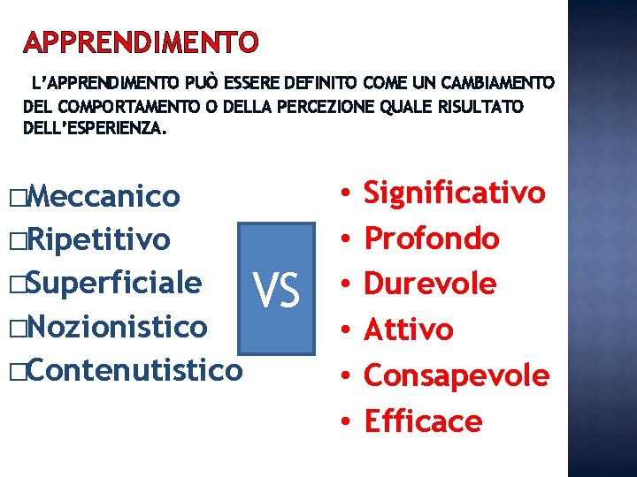 APPRENDIMENTO L’APPRENDIMENTO PUÒ ESSERE DEFINITO COME UN CAMBIAMENTO DEL COMPORTAMENTO O DELLA PERCEZIONE QUALE APPRENDIMENTO L’APPRENDIMENTO PUÒ ESSERE DEFINITO COME UN CAMBIAMENTO DEL COMPORTAMENTO O DELLA PERCEZIONE QUALE