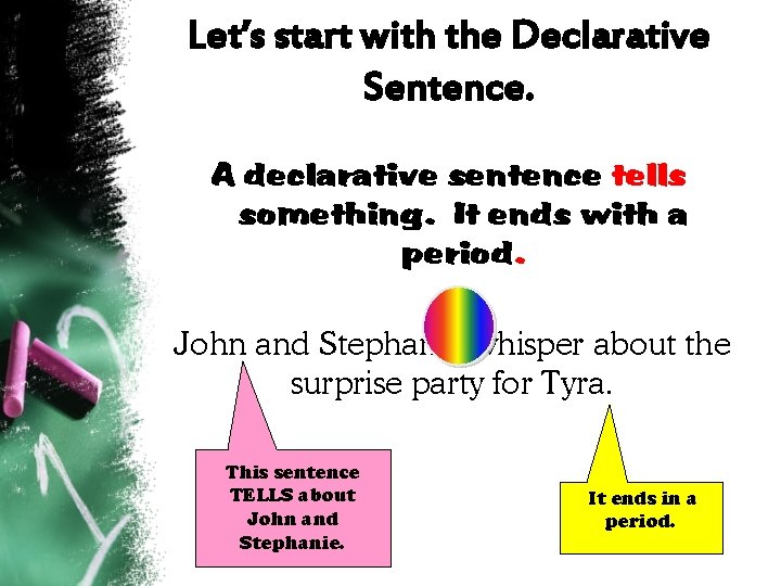 Let’s start with the Declarative Sentence. A declarative sentence tells something. It ends with